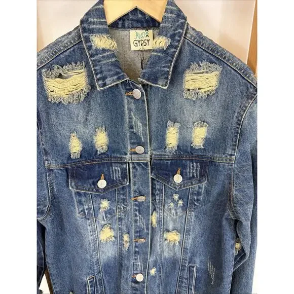 NWT Jade Gypsy Blue Distressed Denim Long Duster Jacket #1391 Size S M - Picture 2 of 10